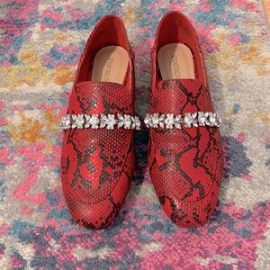 Red Snakeskin Print Loafers with Jewel Detail